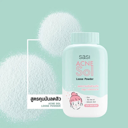 Sasi Acne Sol Loose Powder product with soft clean background