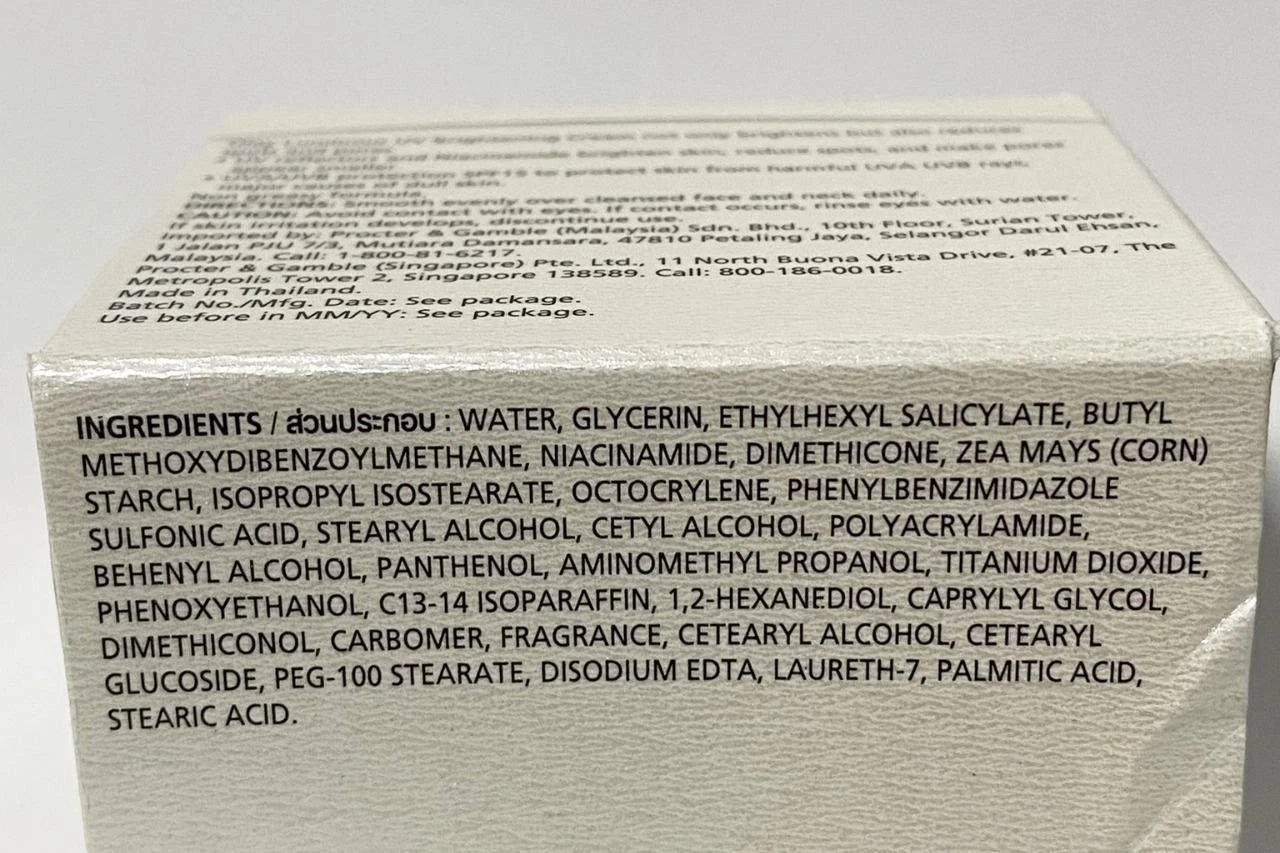 Olay Luminous Cream packaging bottom label ingredients information