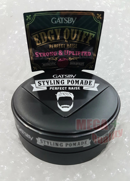Gatsby Edgy Quiff Pomade jar with the packaging card standing behind it, showing the full retail presentation.