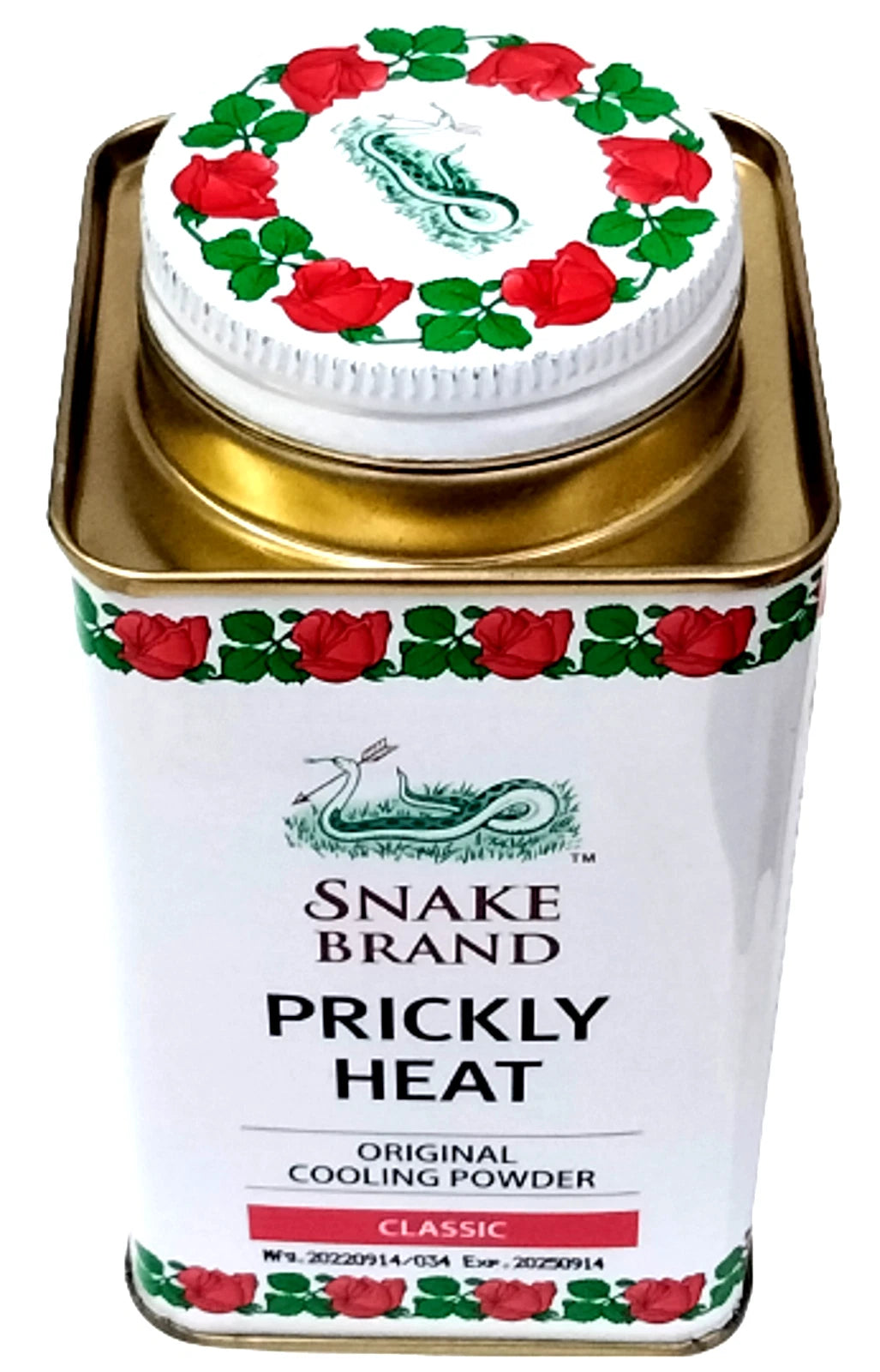 Snake Brand Classic Prickly Heat Cooling Powder tin with gold cap and floral design.