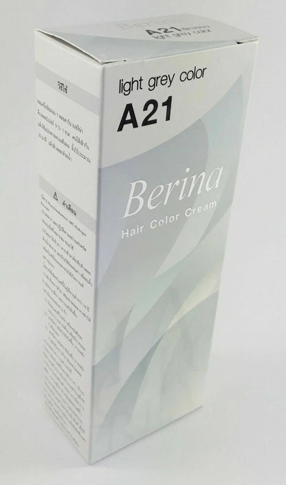 Berina A21 Light Grey Permanent Hair Dye retail packaging angled front view