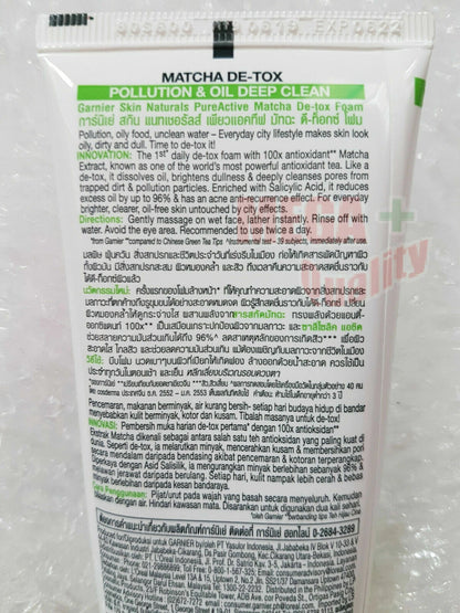 Back label of Garnier Matcha DeTox Foam showing product information and ingredients