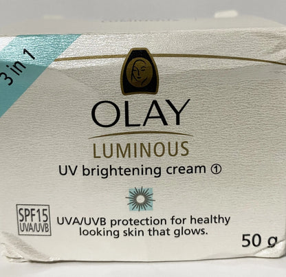 Olay Luminous Cream box front label close up SPF15 UV brightening cream