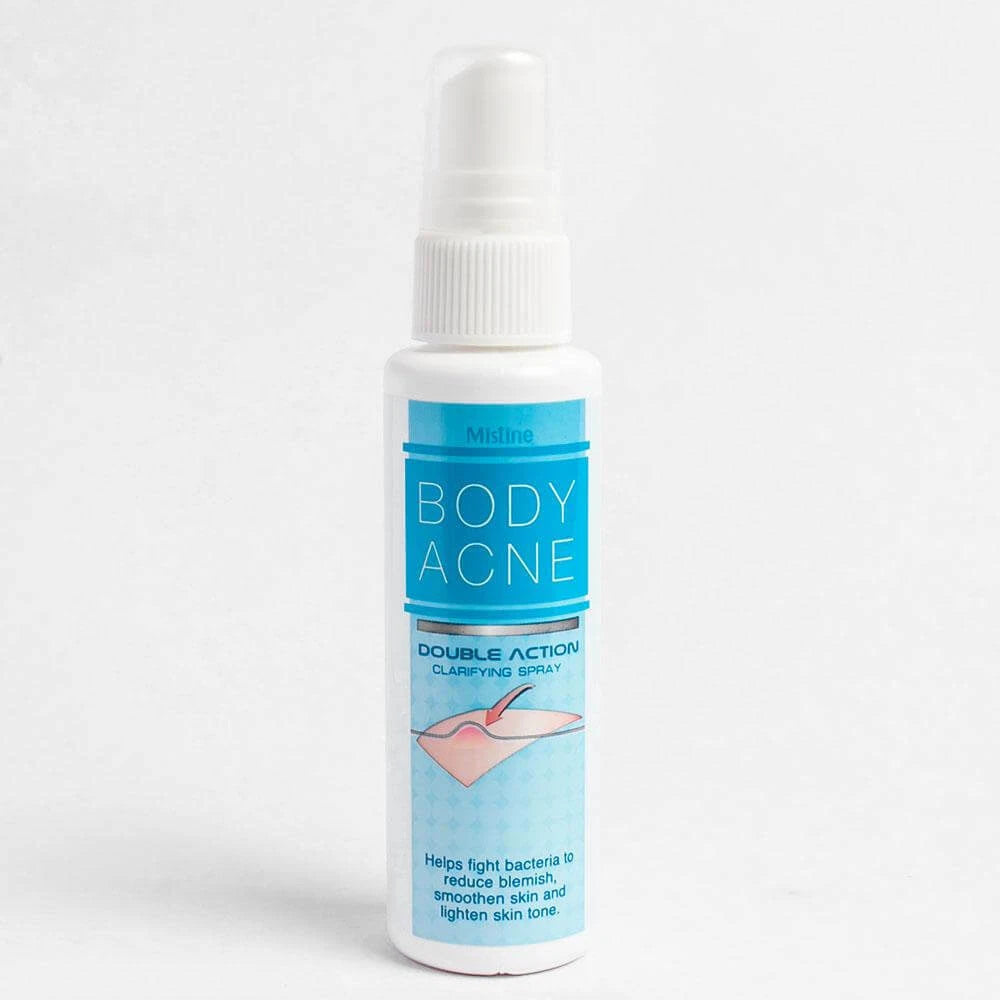Mistine Body Acne Spray bottle standing upright on white background for product display.