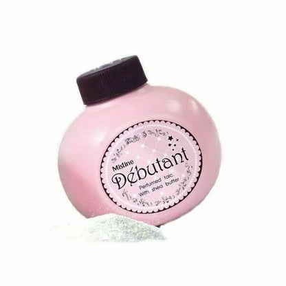 Mistine Debutant Perfumed Talc with Shea Butter in a pink container for silky smooth skin.