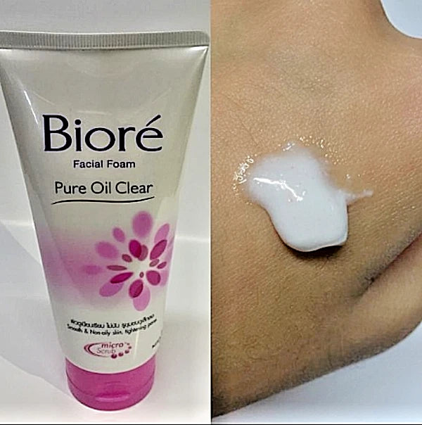 Biore Pure Oil Clear Foam facial cleanser tube with rich foamy lather on surface