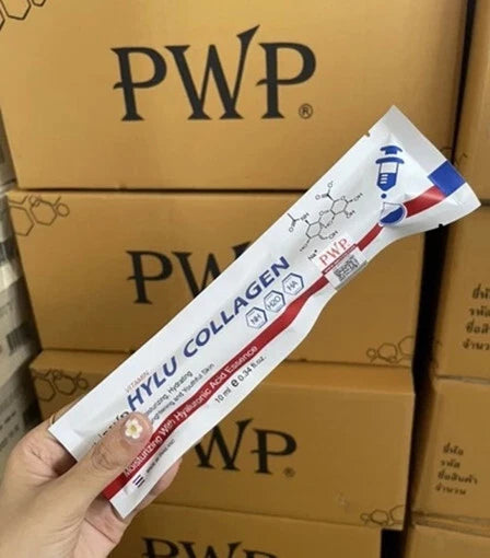 PWP Hylu Collagen Serum boxes stacked in bulk with one tube placed on top for retail packaging view
