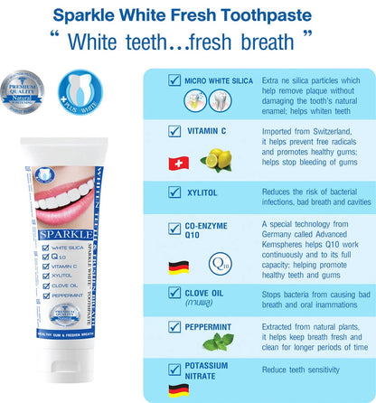 Sparkle Fresh White Toothpaste product information infographic showing benefits and usage