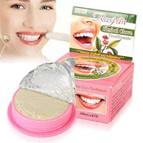 Rasyan ISME Herbal Clove Toothpaste 25g open tin with packaging and smiling model