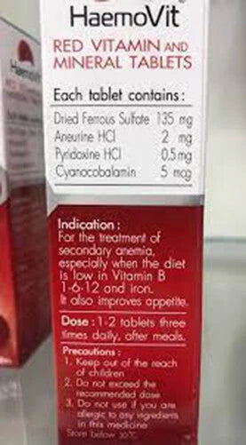 HaemoVit Vitamin B1 B6 B12 red vitamin and mineral tablets packaging showing supplement facts and dosage instructions.
