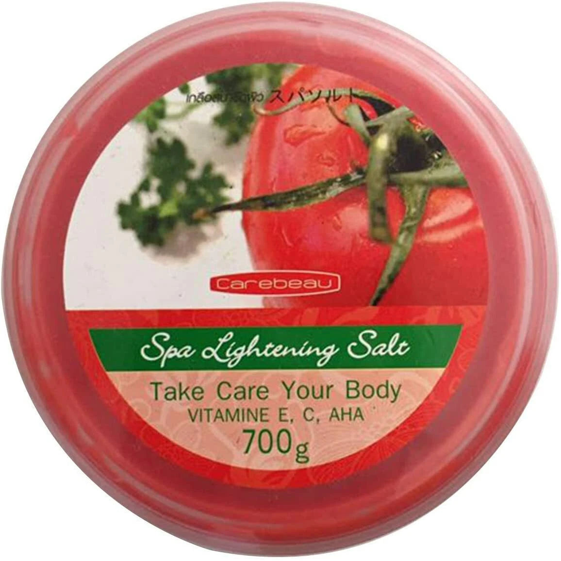 Carebeau Tomato Salt Scrub jar label tomato and herb image