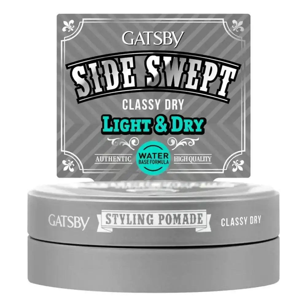 GATSBY Classy Dry Pomade 75g jar and packaging label, featuring the 'CLASSY DRY' text.