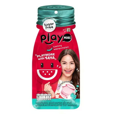 Front view of Playmore Watermelon Menthol Candy bottle with Yaya promotional label