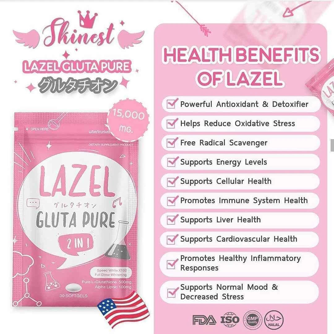 Lazel Gluta Pure 2 in 1 back packaging with nutrition facts and supplement details
