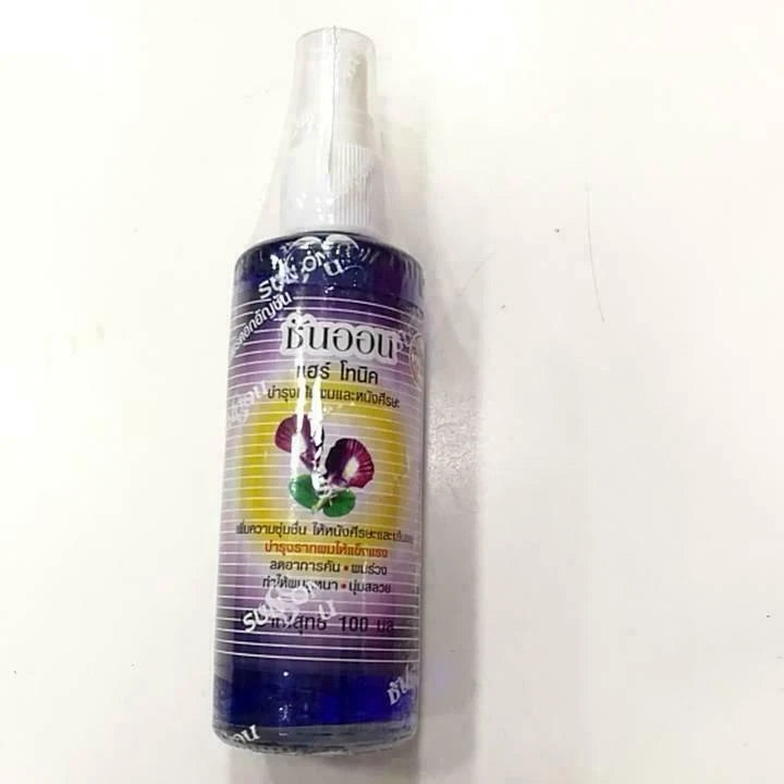 Sun On Hair Tonic Butterfly Pea 100ml bottle clear background