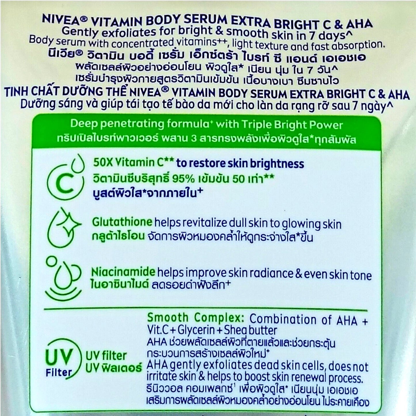 Nivea C AHA Vitamin Body Serum promotional image on blue background highlighting Triple Bright Power formula.