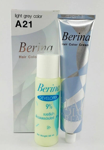 Berina A21 Light Grey Permanent Hair Dye full kit with color cream and developer