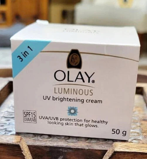 Olay Luminous Cream packaging close up product box on surface