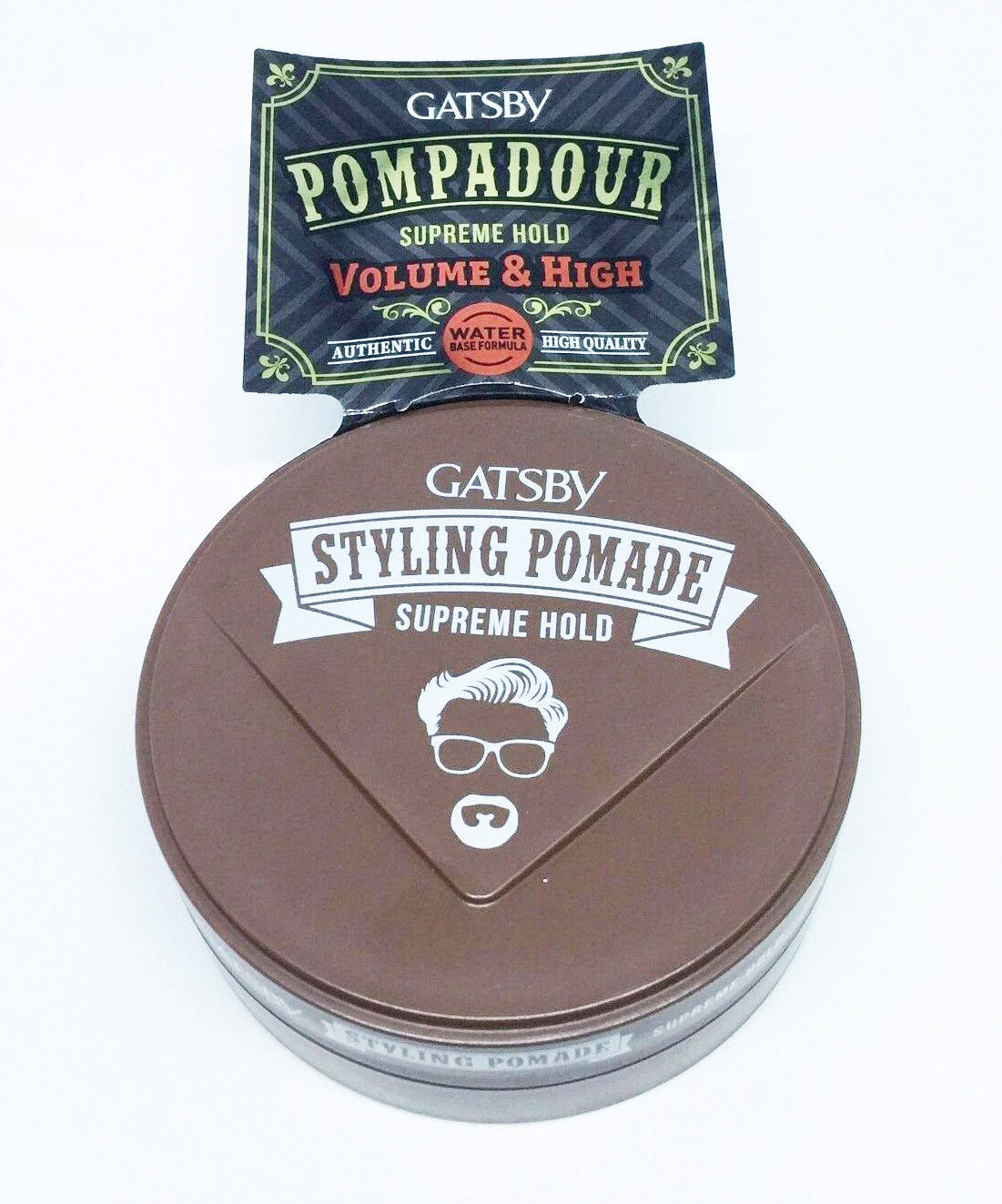 Top view of Gatsby Pompadour Pomade container displaying product lid design