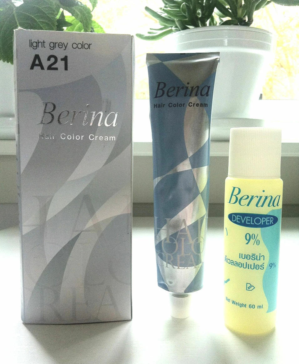 Berina A21 Light Grey Permanent Hair Dye kit with developer and color cream