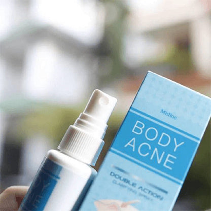 Mistine Body Acne Spray close-up of product label showing clarifying formula details.