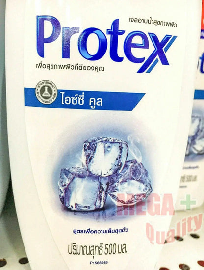 Close-up of Protex Icy Cool Body Wash label showing icy cube graphics and Thai text