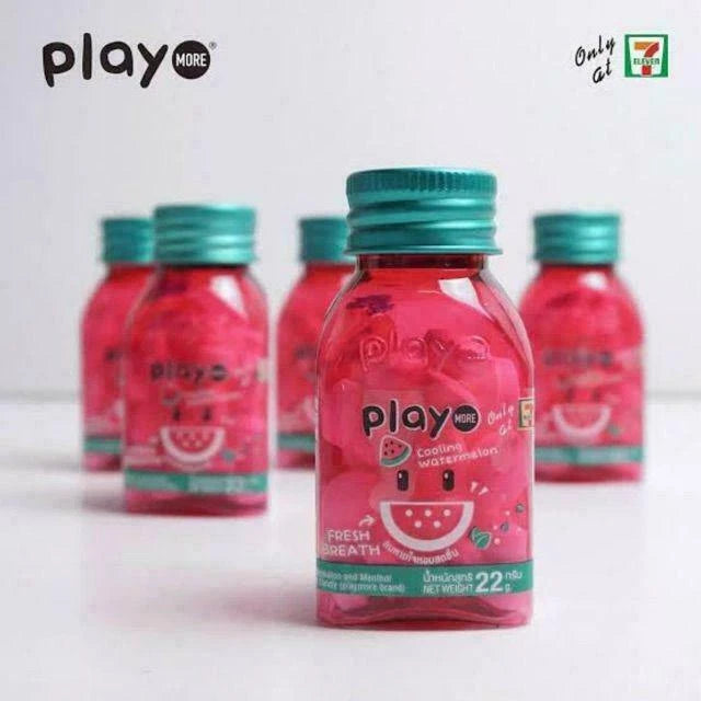 Playmore Watermelon Candy 22g bottle front view with teal cap, cooling watermelon menthol fresh-breath mints