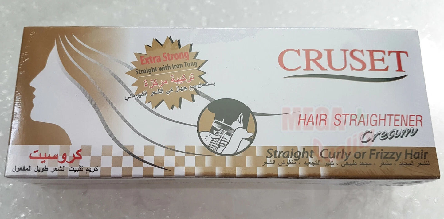 Cruset Hair Straightener Cream packaging showing product details and illustration