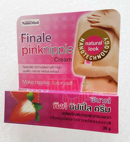 Finale Pink Nipple Cream box close-up showing NanoMed label and natural soft whitening details