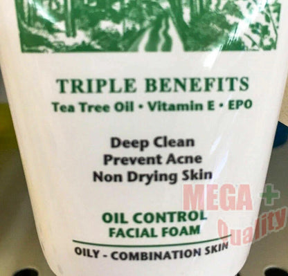 Close-up of Tea Tree Natural Oil Control Facial Foam 35g triple benefits label