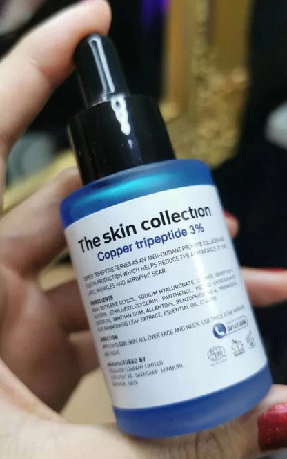 The Skin Collection Serum bottle close up label copper tripeptide 3 percent
