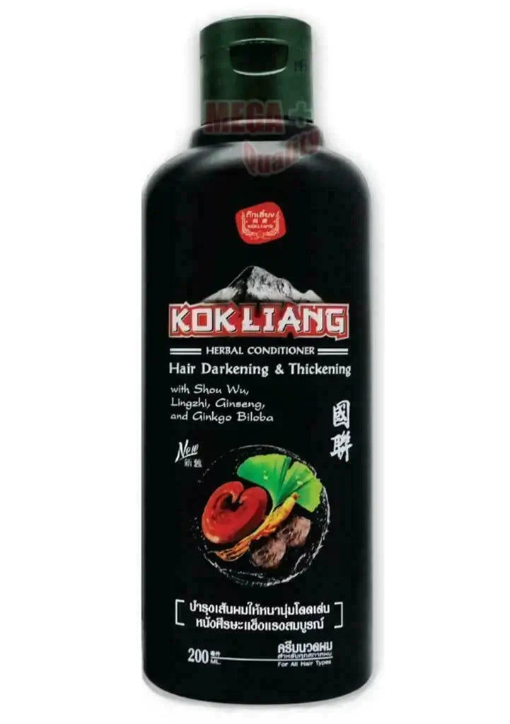 Kok Liang Hair Darkening Chinese Herbal Conditioner 200ml bottle with vibrant herbal ingredients.