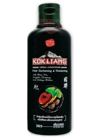 Kok Liang Hair Darkening Chinese Herbal Conditioner 200ml bottle with vibrant herbal ingredients.