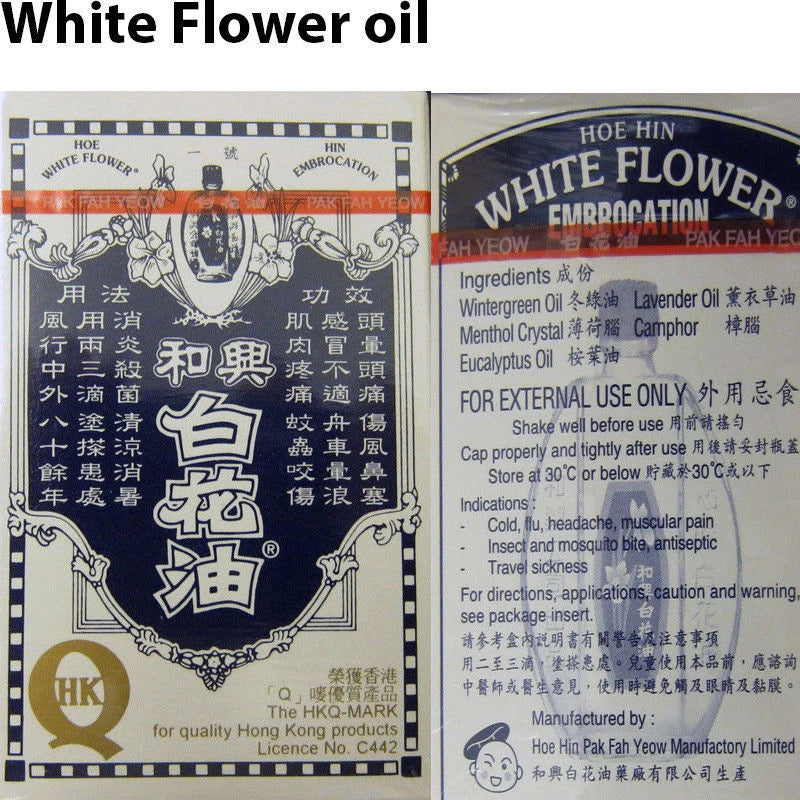 Close-up of White Flower Analgesic Balm product label with ingredient and usage details