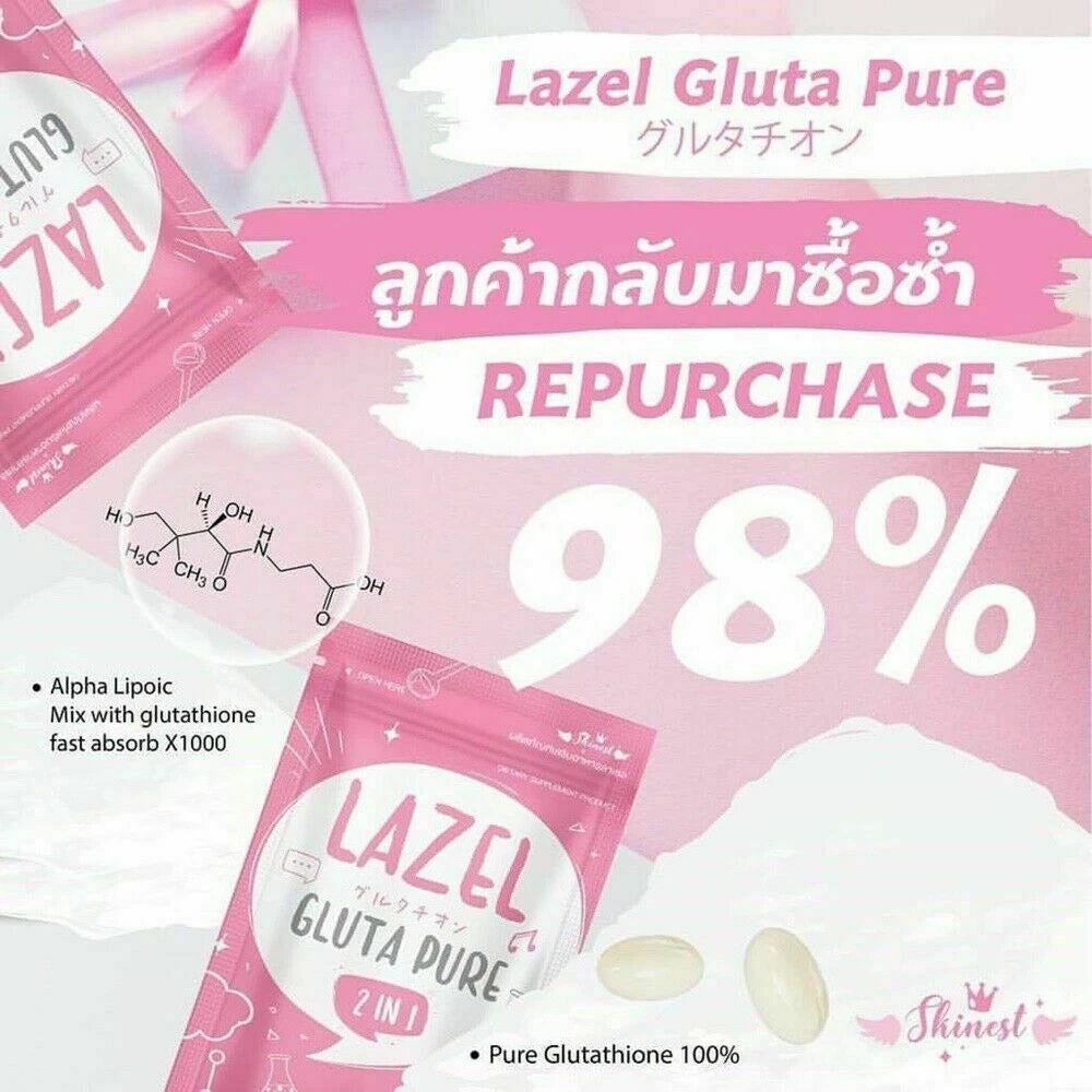 Lazel Gluta Pure 2 in 1 packaging with 98 percent satisfaction claim and whitening benefits