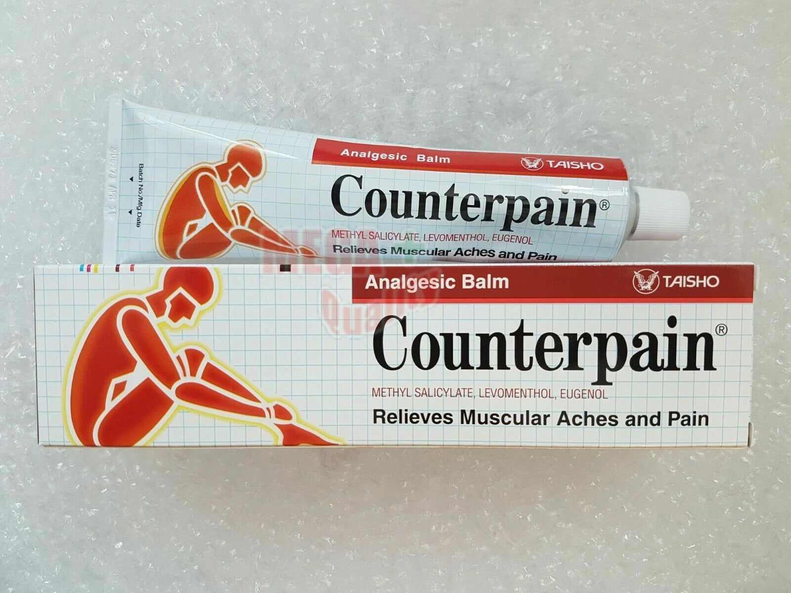 Counterpain Analgesic Balm 120g tube and box displayed with muscle pain relief illustration