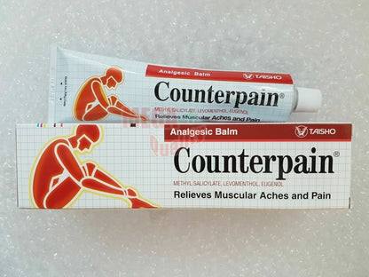Counterpain Analgesic Balm 120g tube and box displayed with muscle pain relief illustration