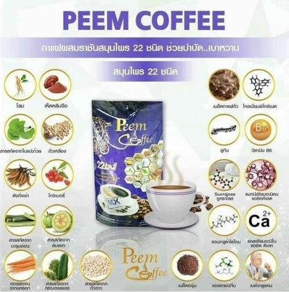 Peem Coffee Herbs 39 In 1 instant coffee with herbal ingredients chart and product pack