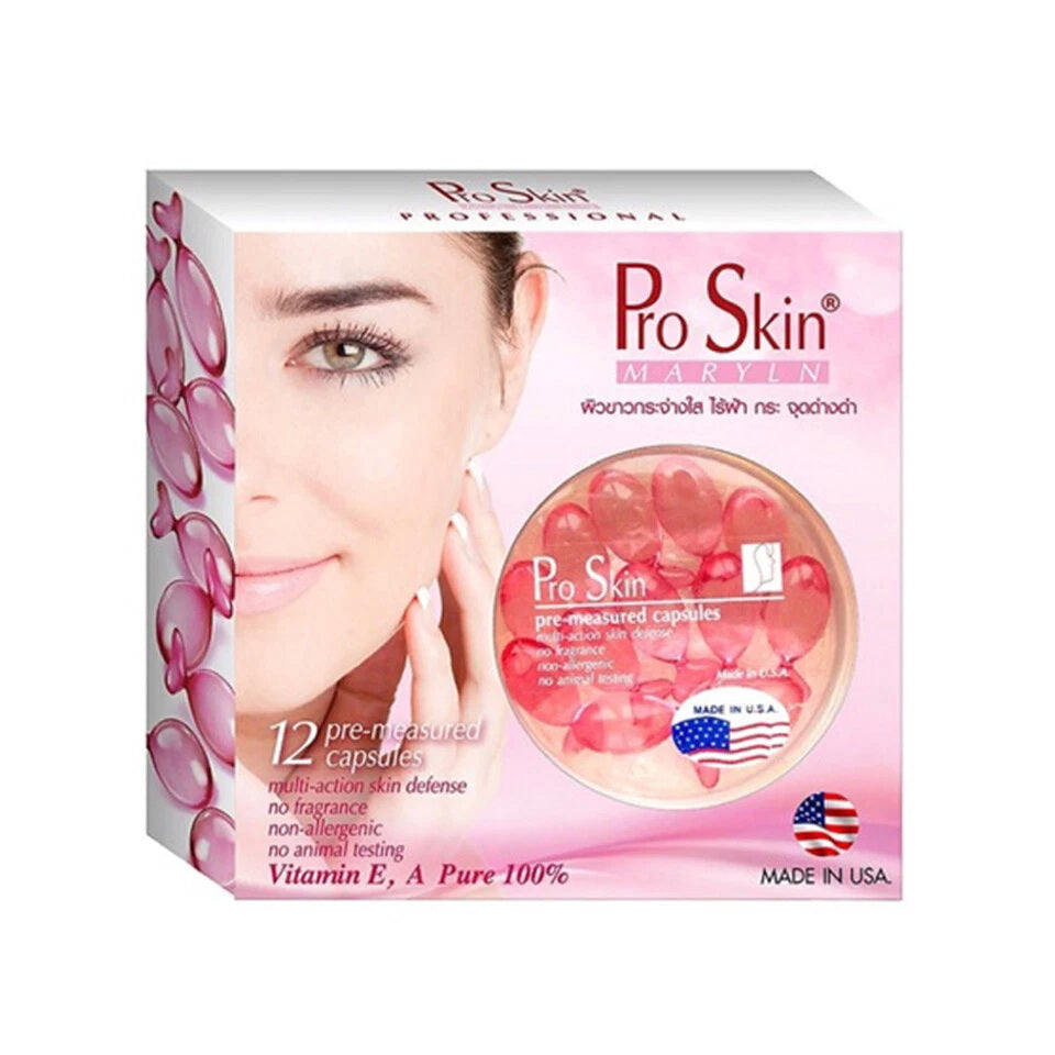 Pro Skin Maryln Vitamin E A capsules box with model face and pink vitamin serum