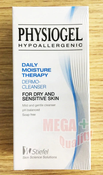 Physiogel Hypoallergenic Cleanser packaging for dry and sensitive skin, 150ml, mild soap free formula.