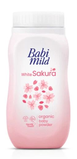 Babi Mild White Sakura Baby Powder organic gentle formula for newborn skin in a pink bottle with flower graphics.