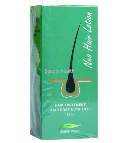 Close-up of Neo Hair Lotion 120ml Green Wealth packaging box