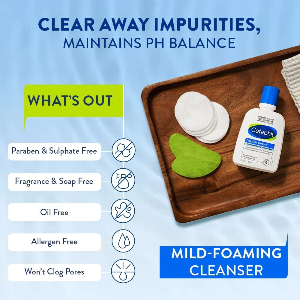Cetaphil Oily Skin Cleanser product information blue background skincare benefits