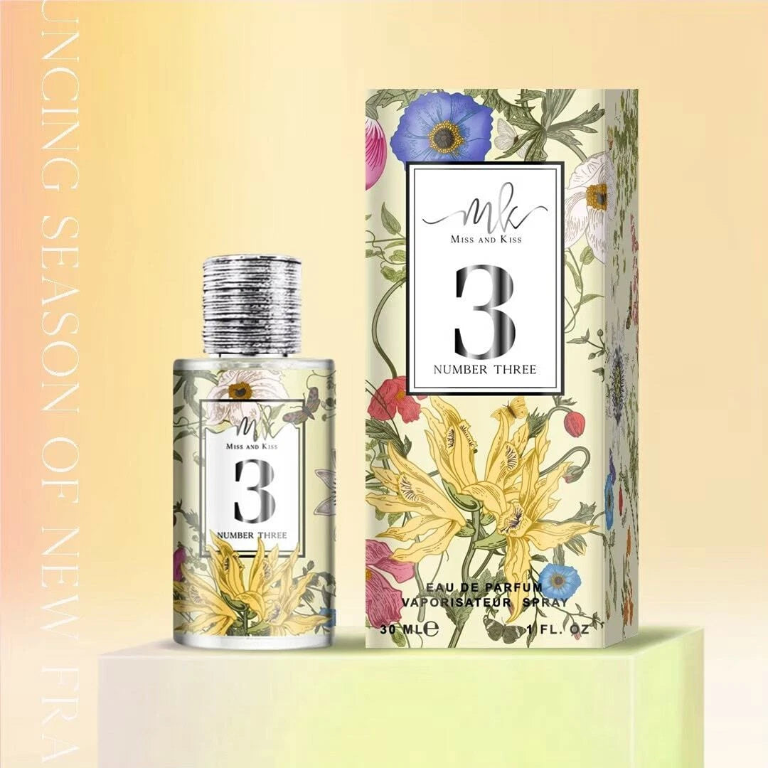 Miss and Kiss No 3 Perfume retail packaging botanical floral design