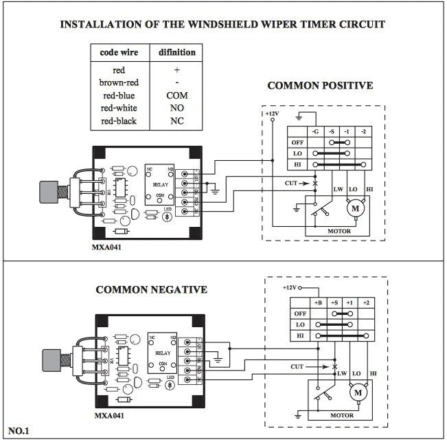 Windshield Wiper Timer wiring diagram showing 12VDC power input, relay connection, and wiper motor circuit layout for installation guidance