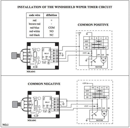 Windshield Wiper Timer wiring diagram showing 12VDC power input, relay connection, and wiper motor circuit layout for installation guidance