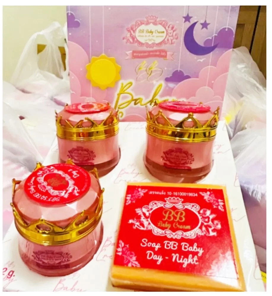 BB Baby Cream Set complete skincare kit creams and soap arranged on table