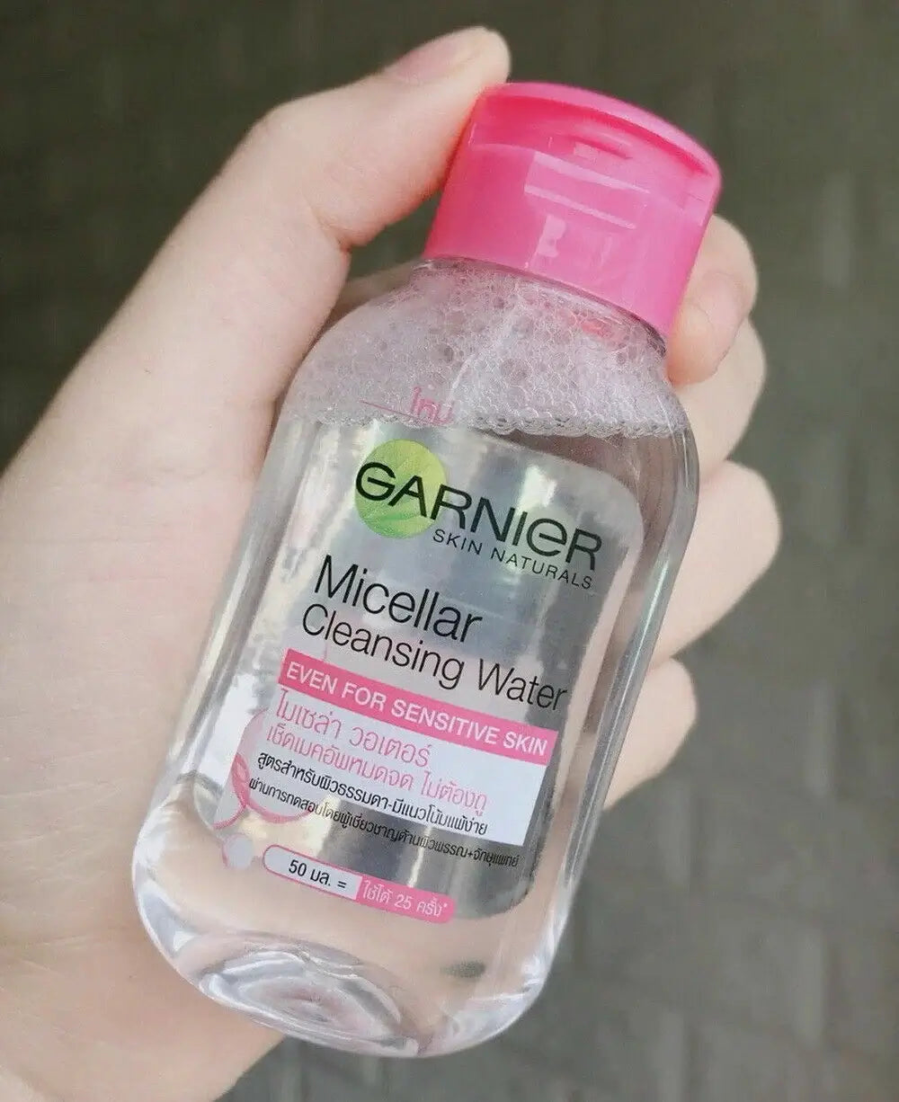 Garnier Micellar Water in a clear bottle for cleansing, designed even for sensitive skin.