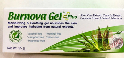 Burnova Gel Plus Aloe Vera moisturizing and soothing gel nourishes skin with natural extracts for hydration.