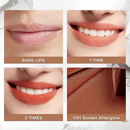 Comparison of four different shades of Mistine Velvet Lip Cream swatched on lips including V01 Sunset Afterglow.